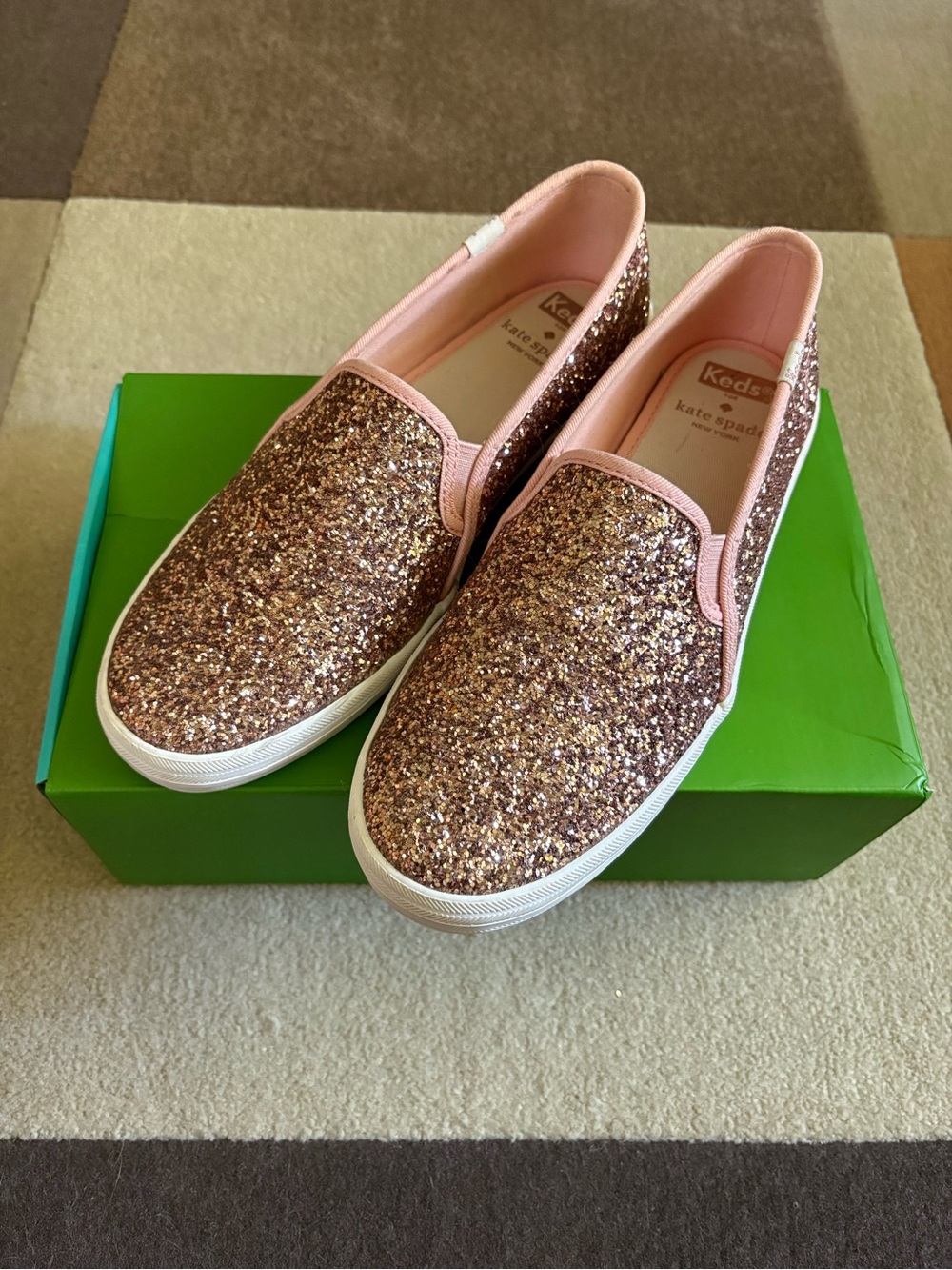 NWT KATE SPADE x Keds Double-Decker Rose Gold Glitter Slip-Ons size 7.5